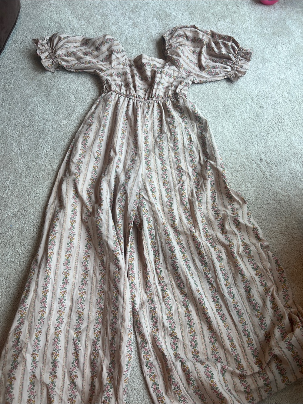 Boho Floral Maxi Dress in Cream with Pink & Green Stripes